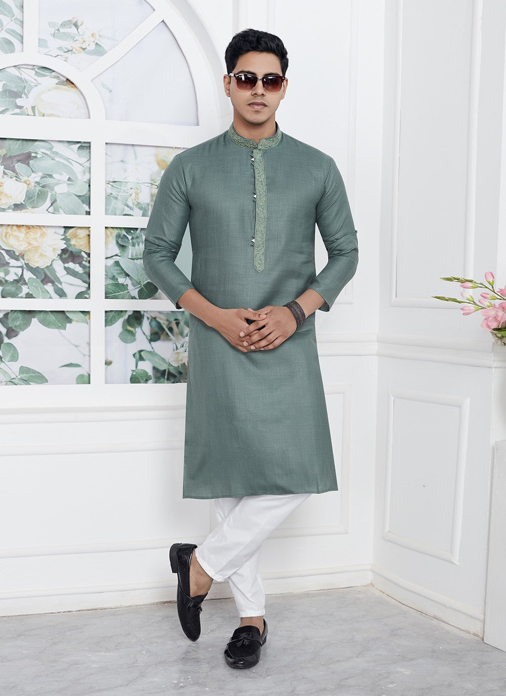 Fancy Work Cotton , Linen Green Kurta Pyjama - M7107