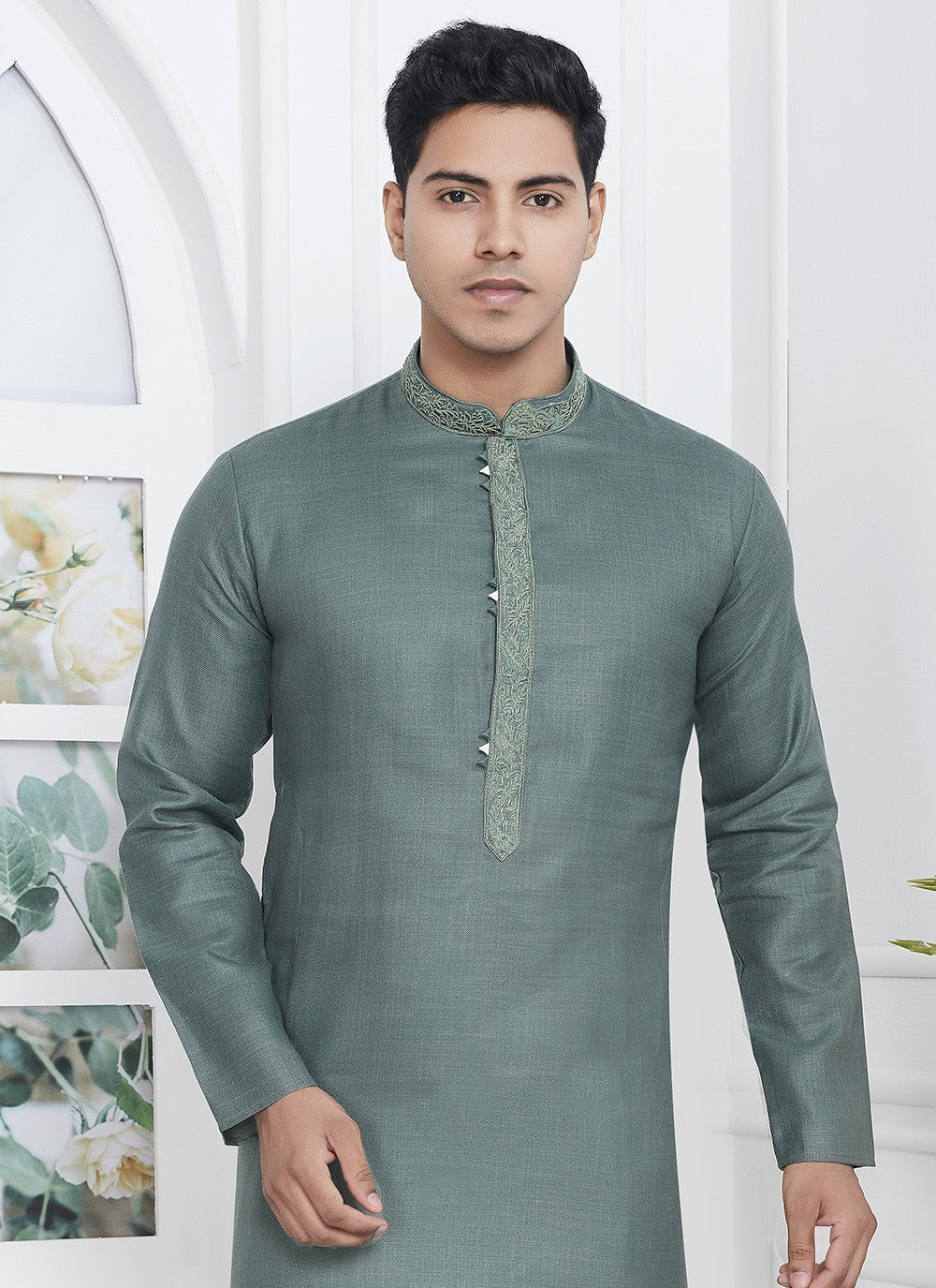 Fancy Work Cotton , Linen Green Kurta Pyjama - M7107