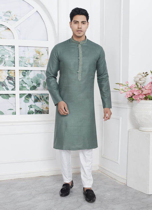 Fancy Work Cotton , Linen Green Kurta Pyjama - M7107