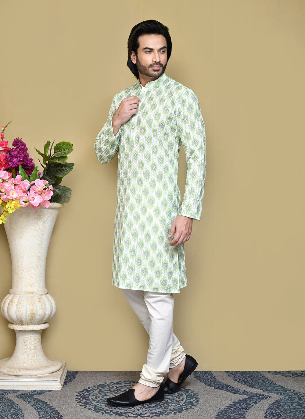 Printed Cotton Green Kurta Pyjama - M7816