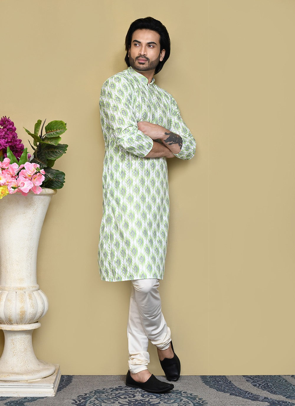 Printed Cotton Green Kurta Pyjama - M7816