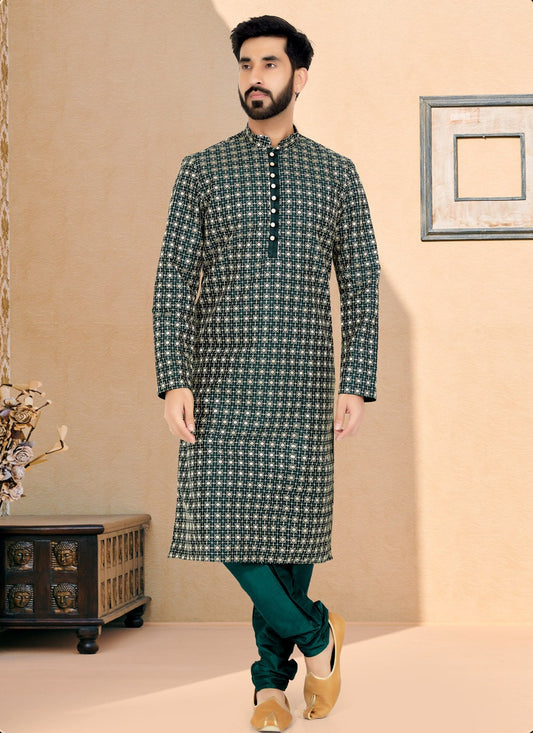 Embroidered Cotton Silk Green Kurta Pyjama - M4991