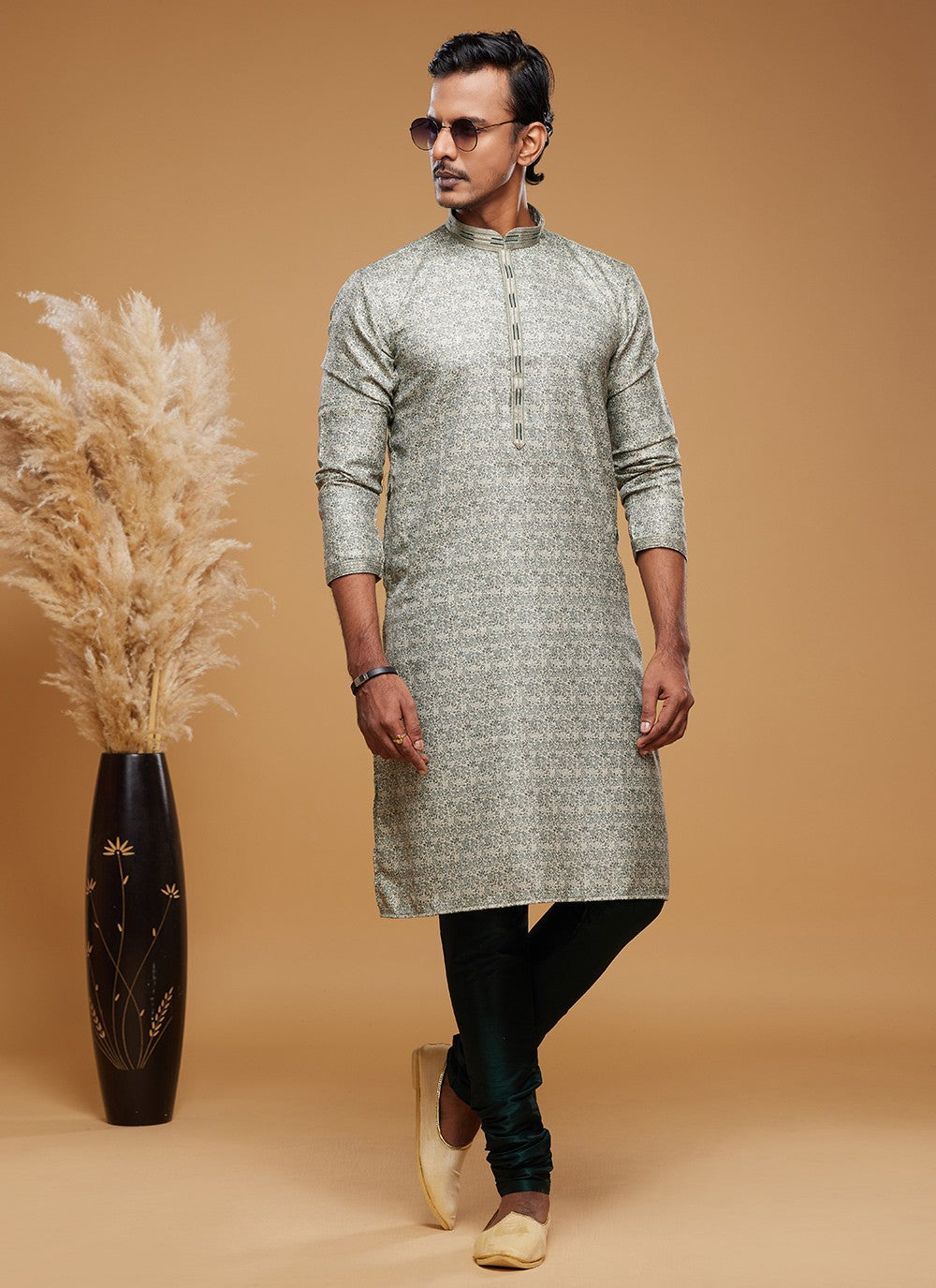 Digital Print Art Silk Green Kurta Pyjama - M6034