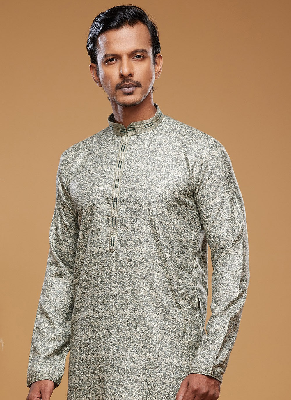 Digital Print Art Silk Green Kurta Pyjama - M6034