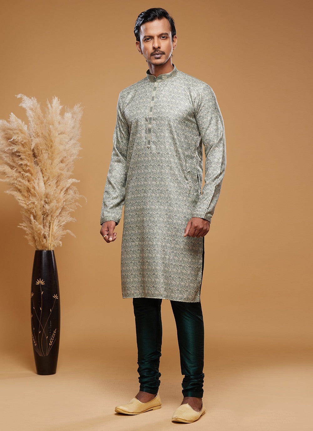 Digital Print Art Silk Green Kurta Pyjama - M6034