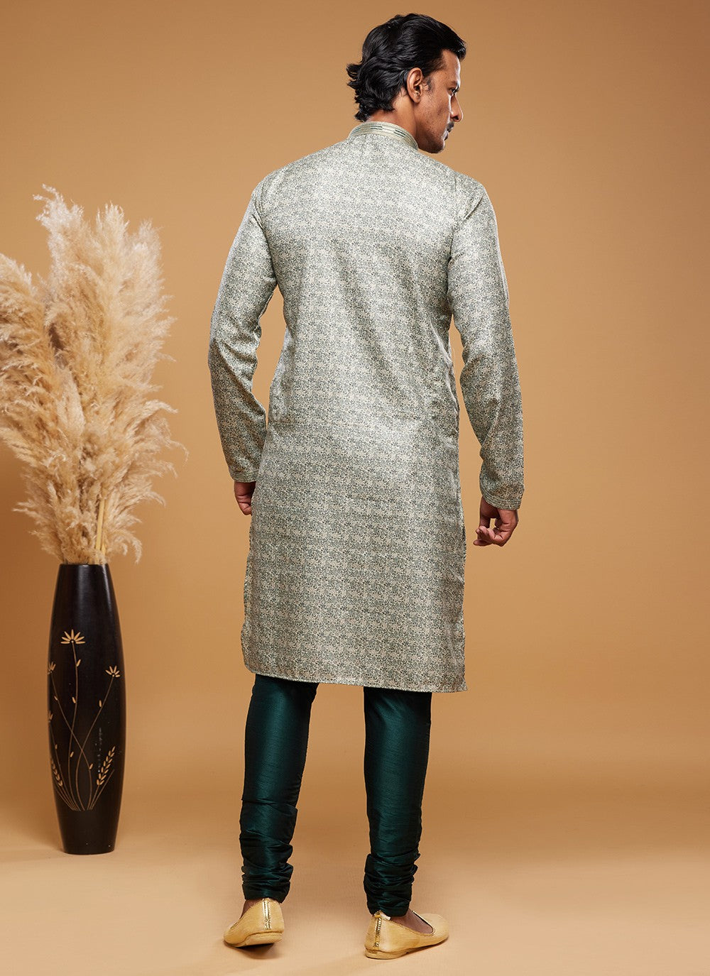 Digital Print Art Silk Green Kurta Pyjama - M6034