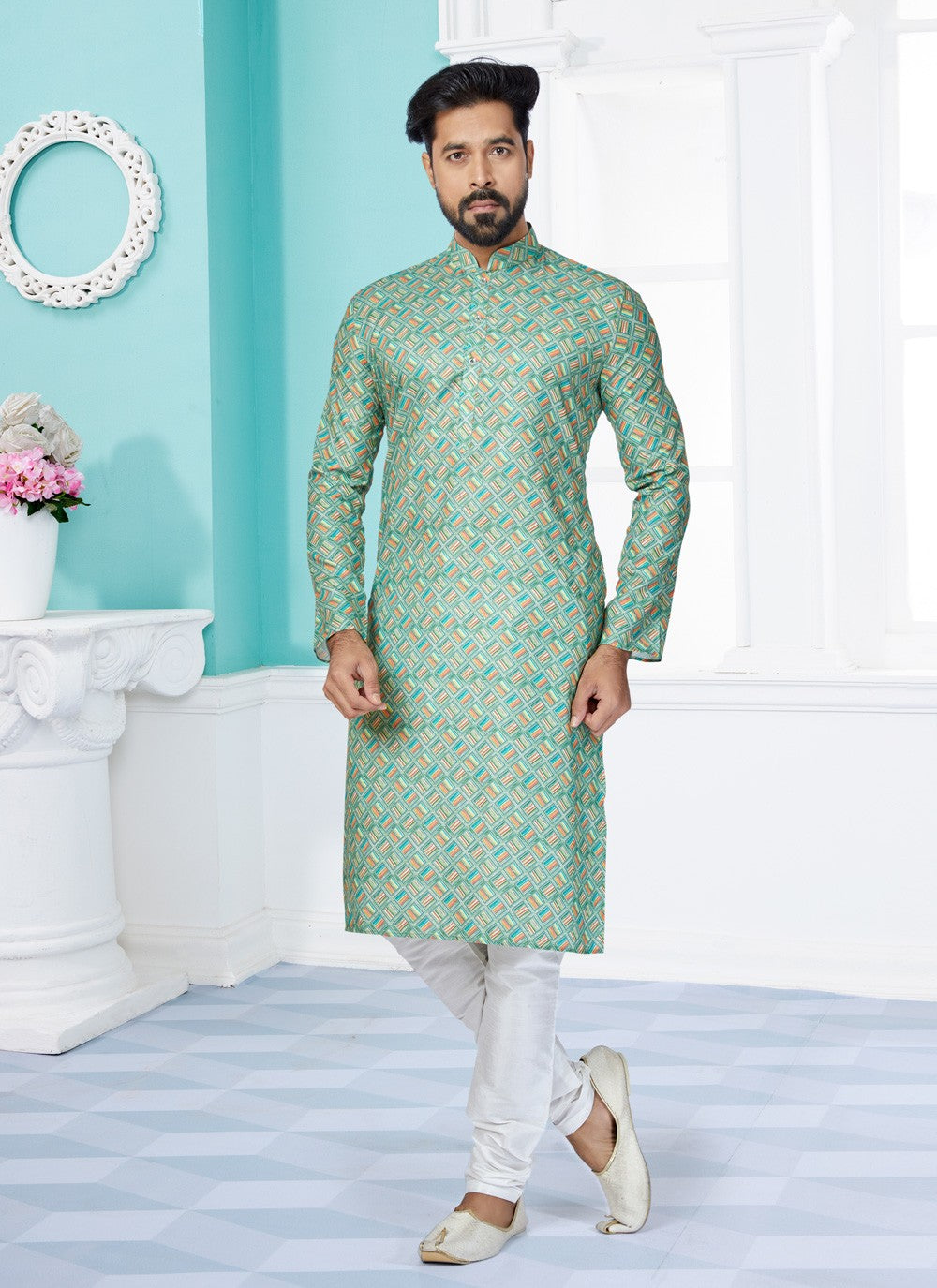 Digital Print Cotton Green Kurta Pyjama - M5060