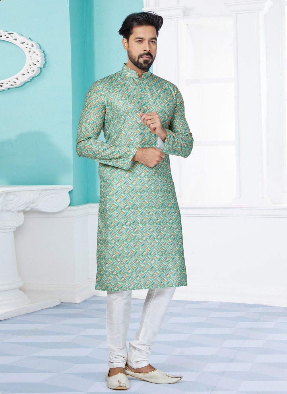 Digital Print Cotton Green Kurta Pyjama - M5060