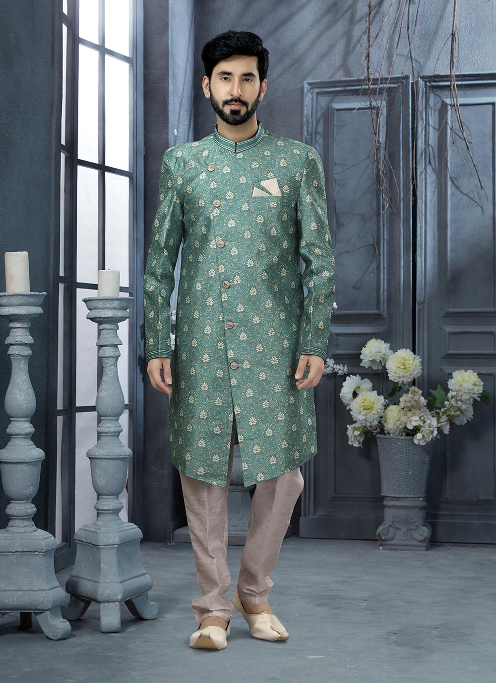 Digital Print Jacquard Green Indo Western Sherwani - M2874