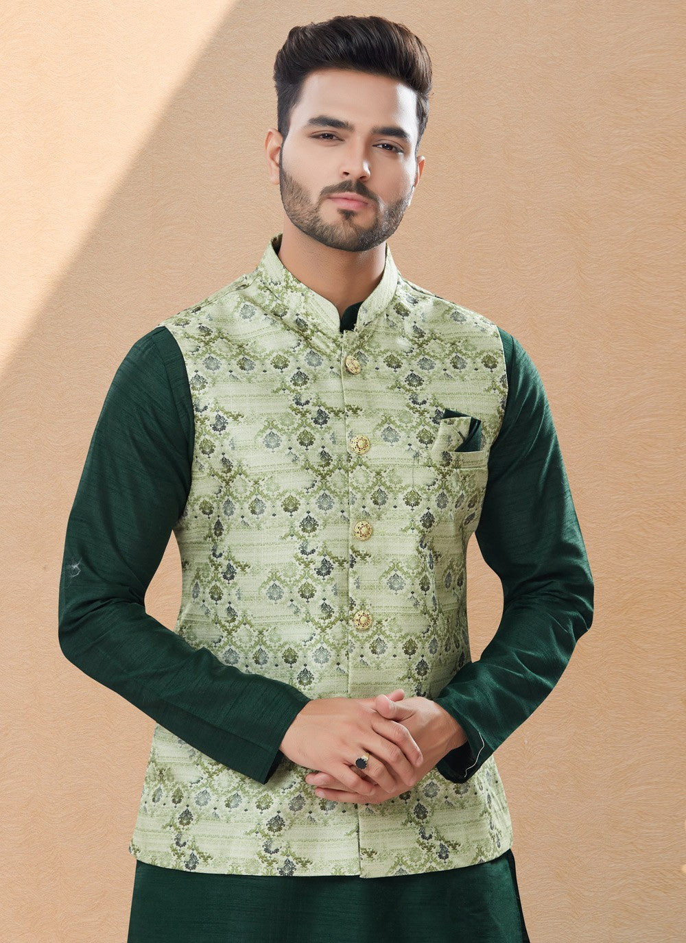 Digital Print Dupion Silk, Jacquard Green Kurta Payjama With Jacket - M4033