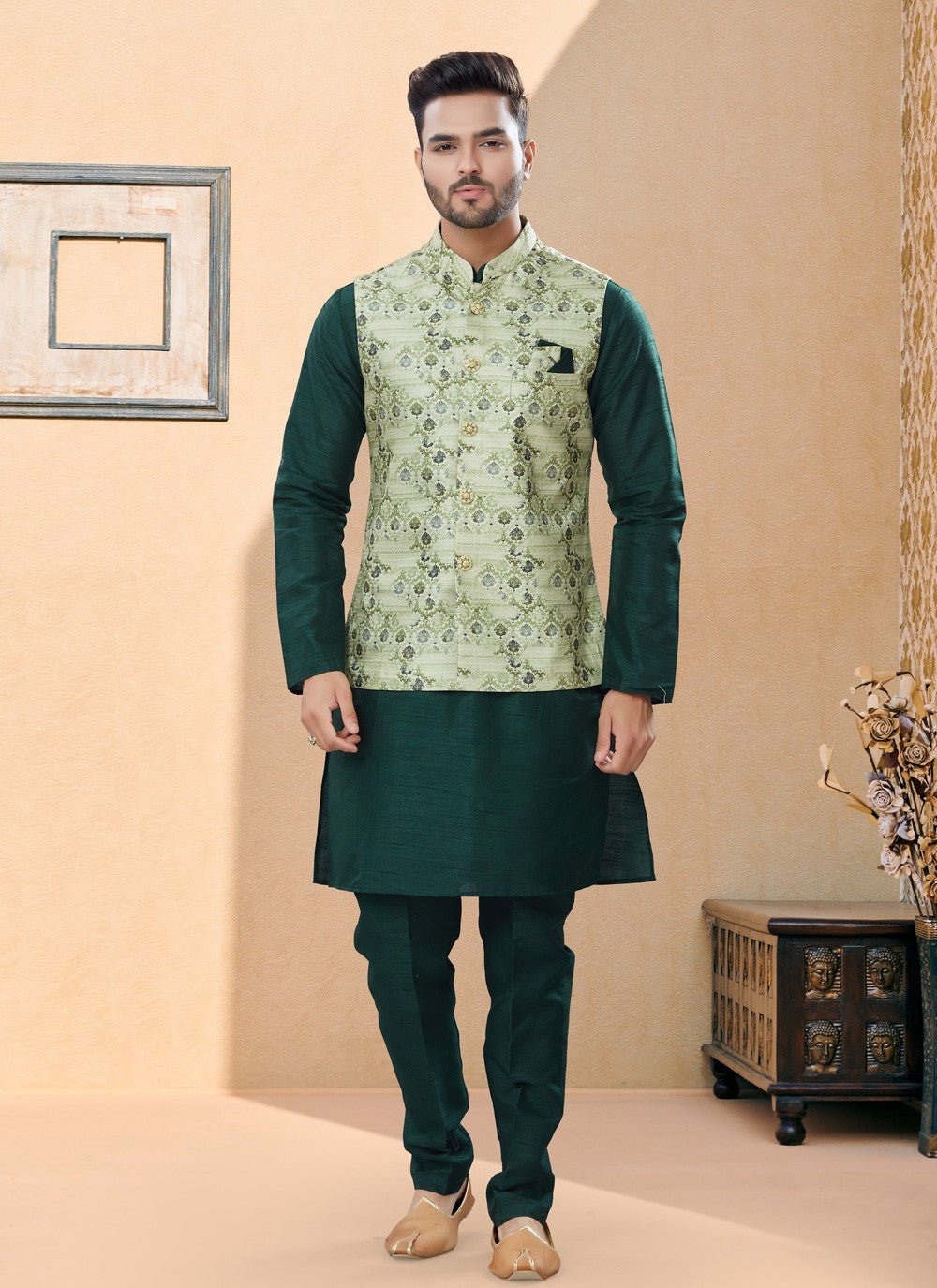 Digital Print Dupion Silk, Jacquard Green Kurta Payjama With Jacket - M4033