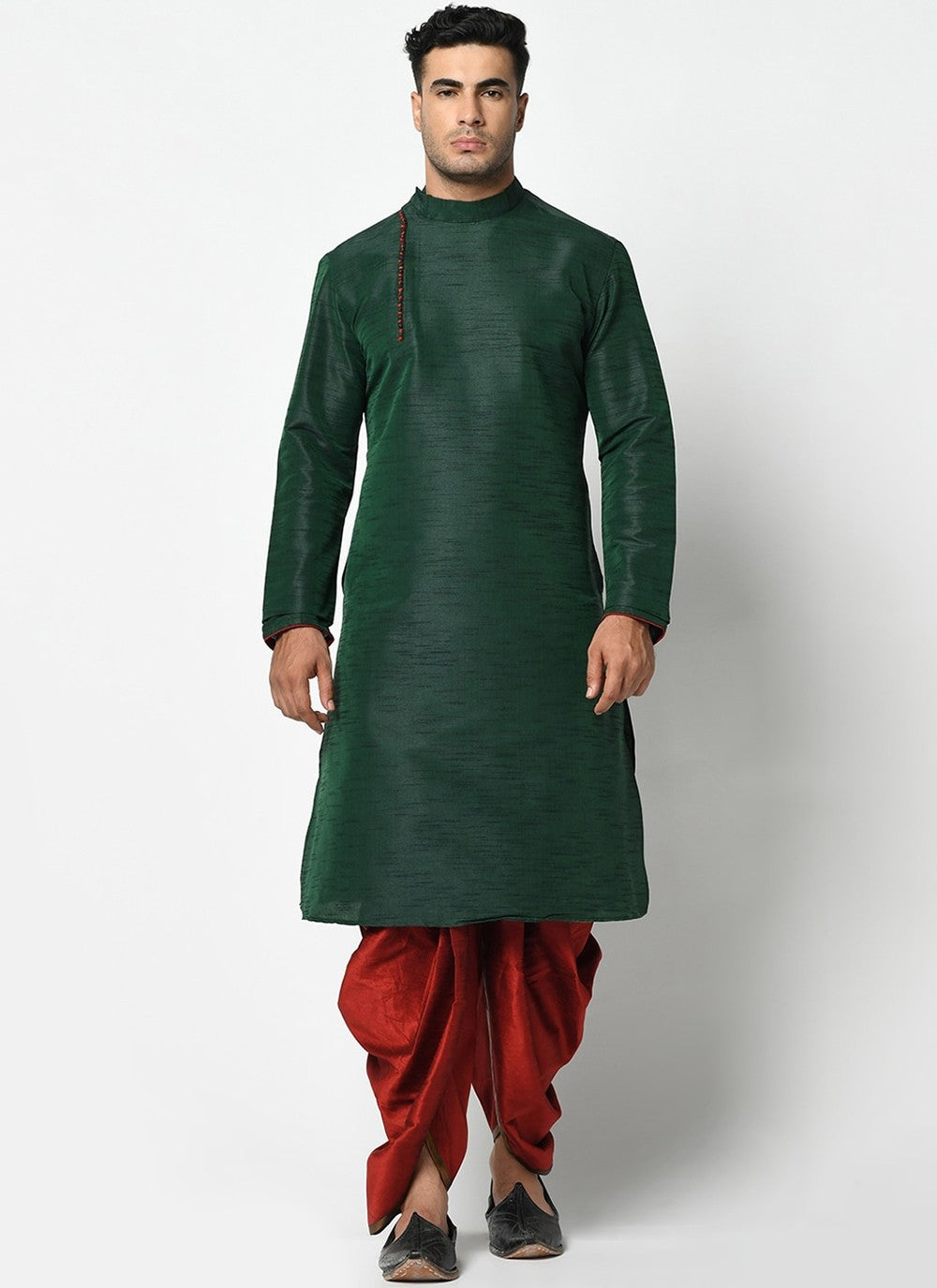 Buttons Dupion Silk Green Dhoti Kurta - M2422