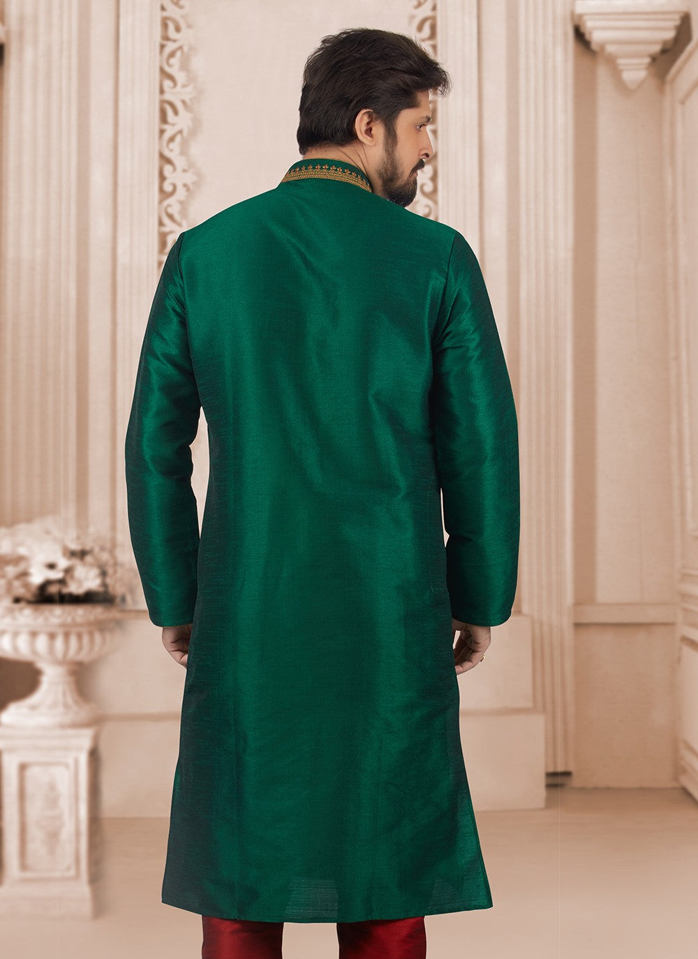 Embroidered Dupion Silk Green Kurta Pyjama - M6544