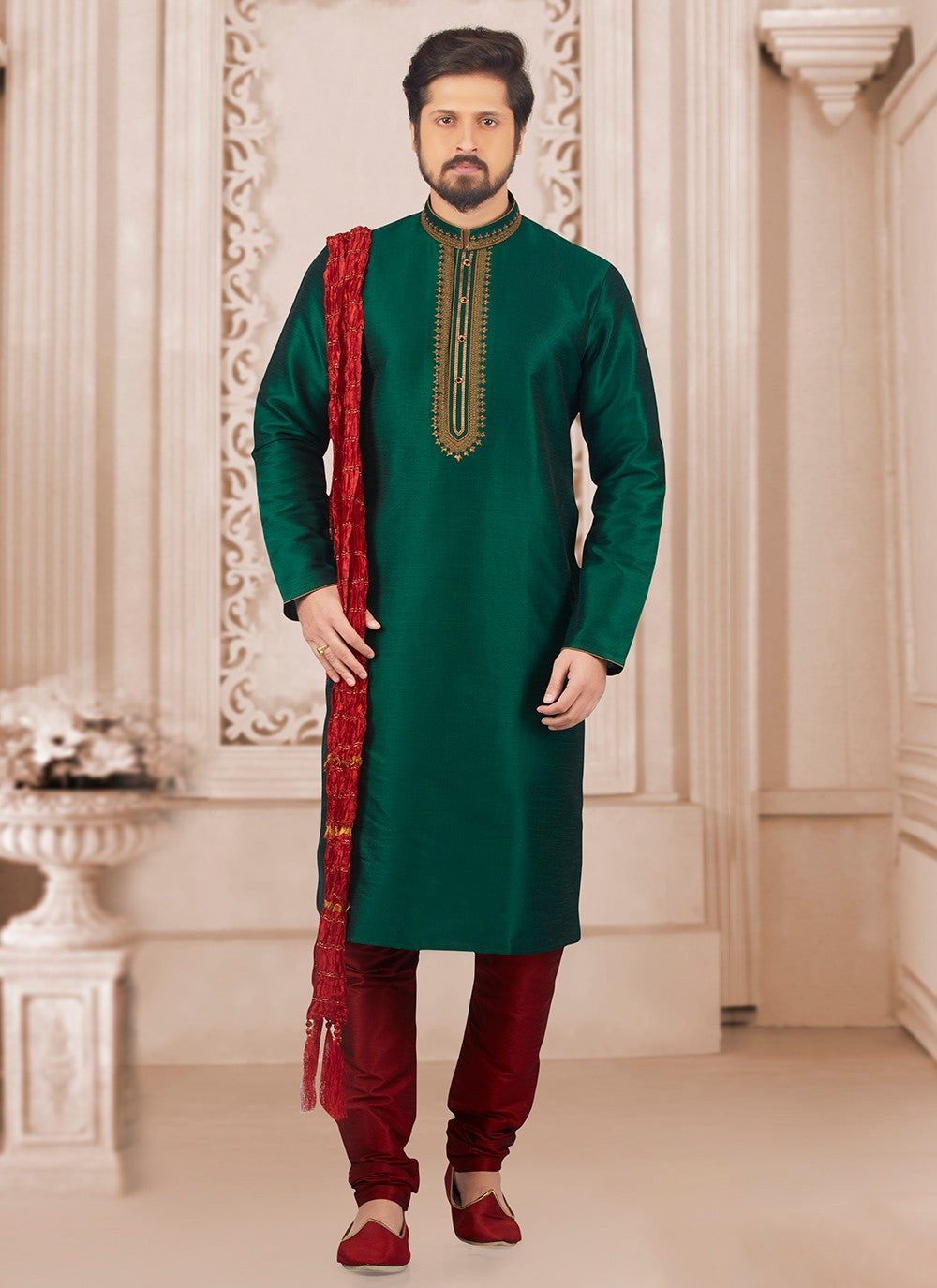 Embroidered Dupion Silk Green Kurta Pyjama - M6544