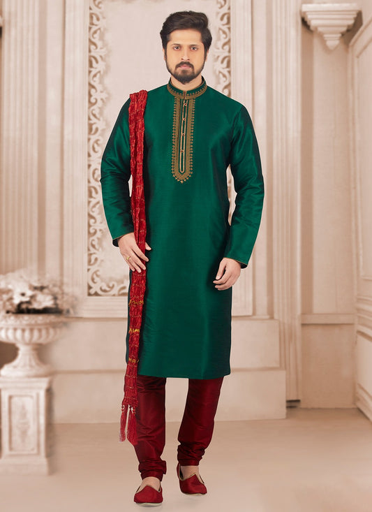 Embroidered Dupion Silk Green Kurta Pyjama - M6544