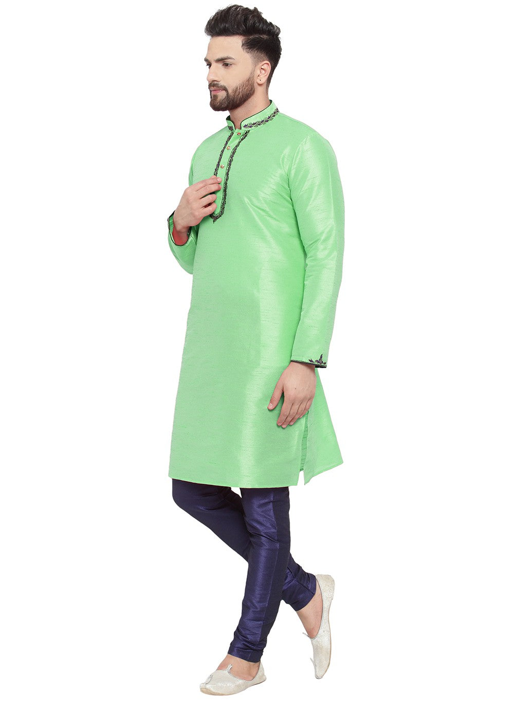 Embroidered Dupion Silk Green Kurta Pyjama - M7333