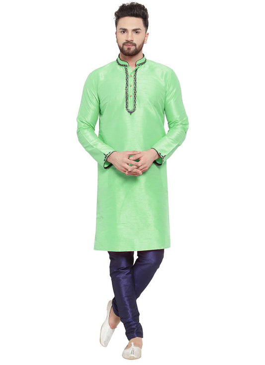 Embroidered Dupion Silk Green Kurta Pyjama - M7333