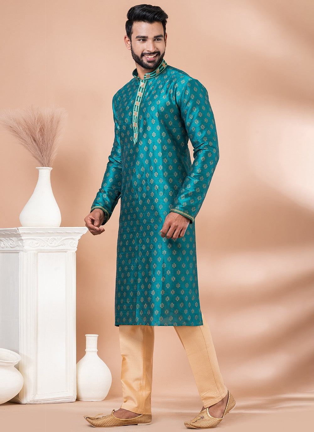 Jacquard Work Dupion Silk Green Kurta Pyjama - M6964