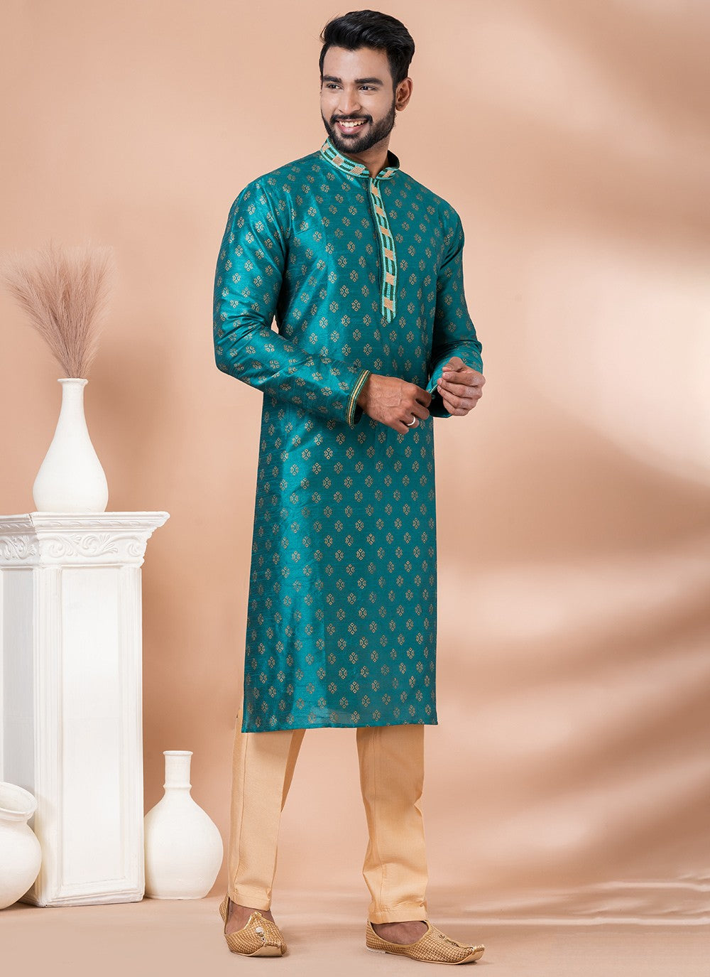 Jacquard Work Dupion Silk Green Kurta Pyjama - M6964