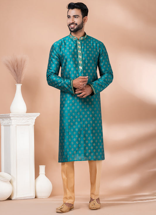 Jacquard Work Dupion Silk Green Kurta Pyjama - M6964