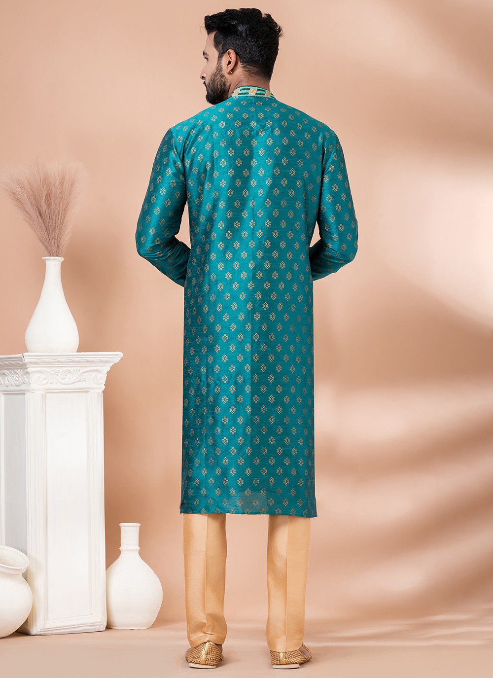 Jacquard Work Dupion Silk Green Kurta Pyjama - M6964