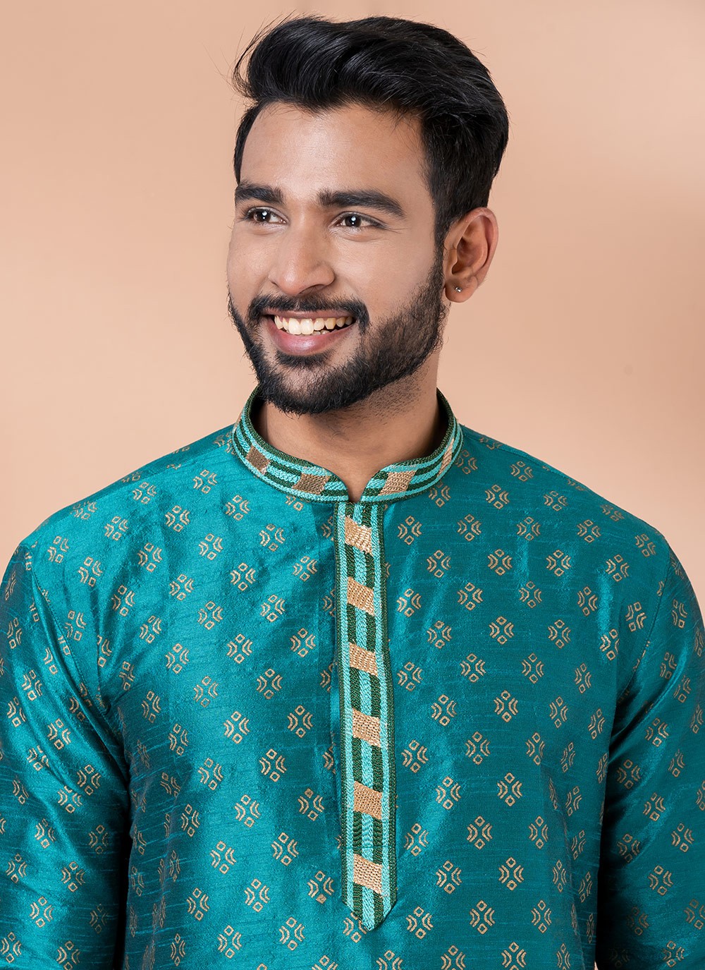 Jacquard Work Dupion Silk Green Kurta Pyjama - M6964