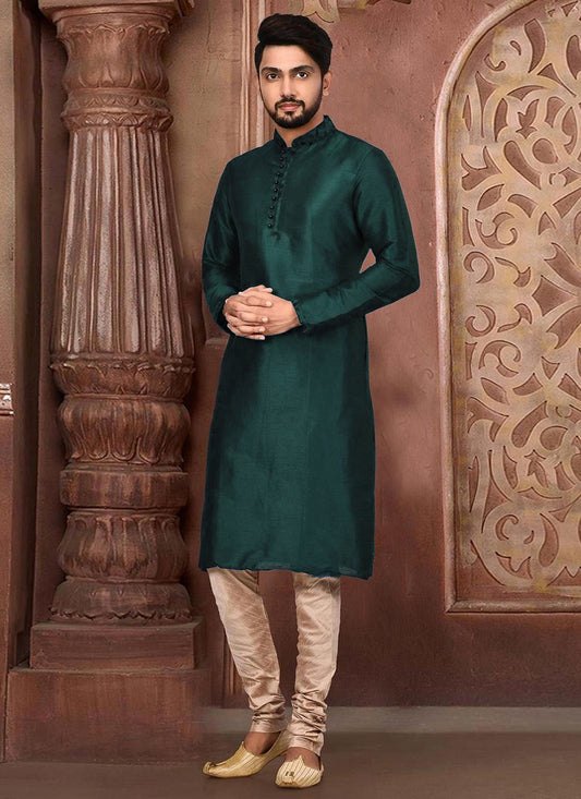 Embroidered Dupion Silk Green Kurta Pyjama - M2284