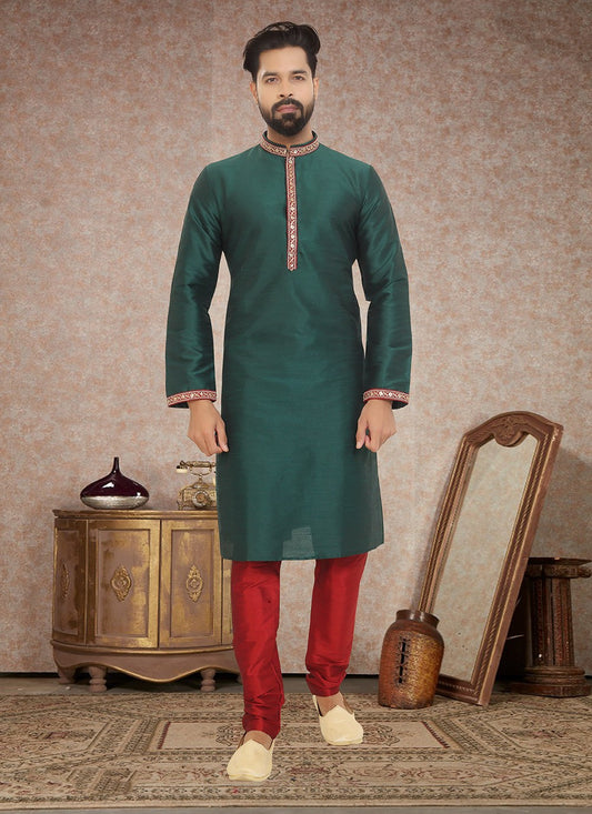 Embroidered Dupion Silk Green Kurta Pyjama - M3343