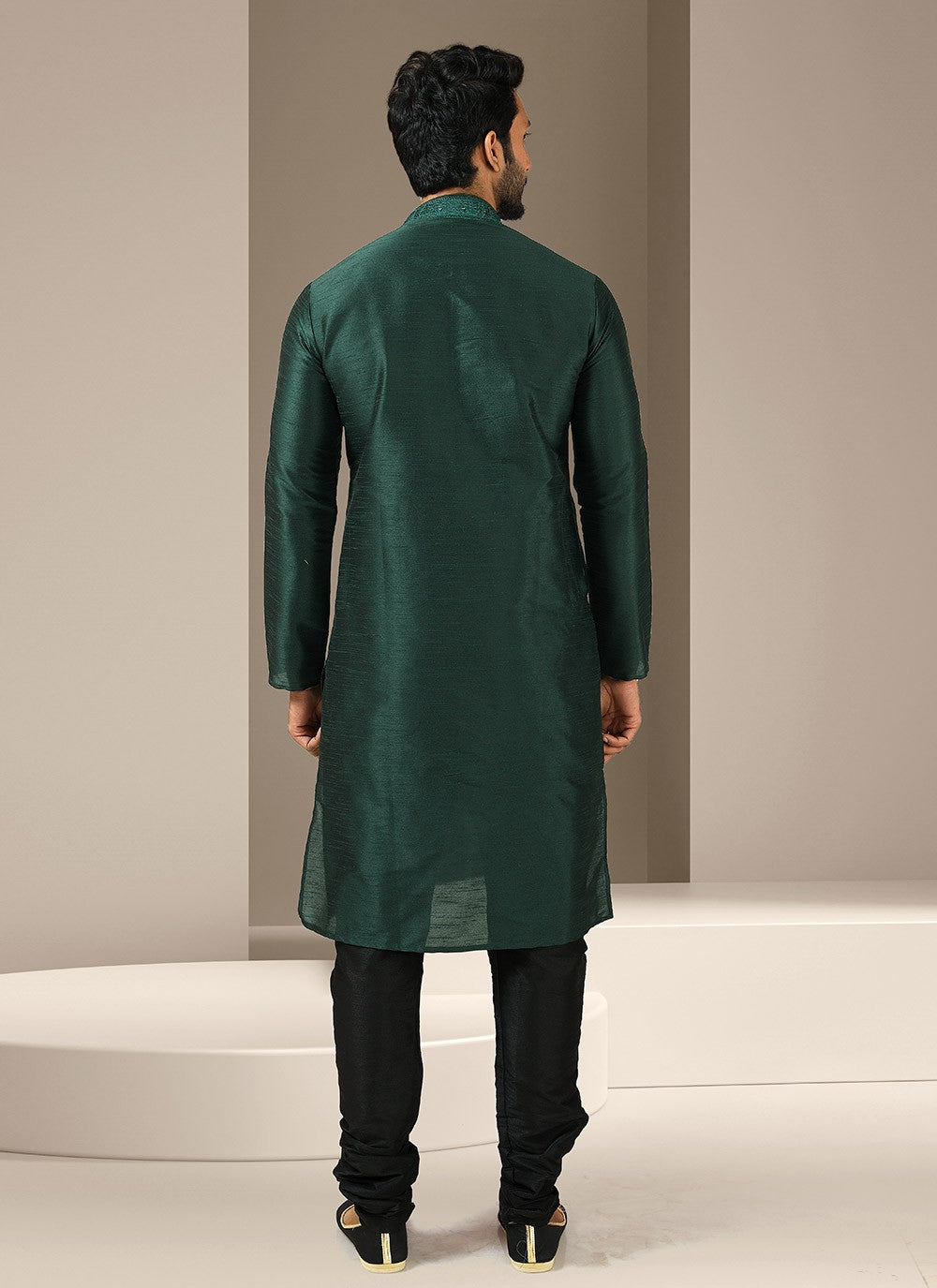 Embroidered Banarasi Silk Green Kurta Pyjama - M3227