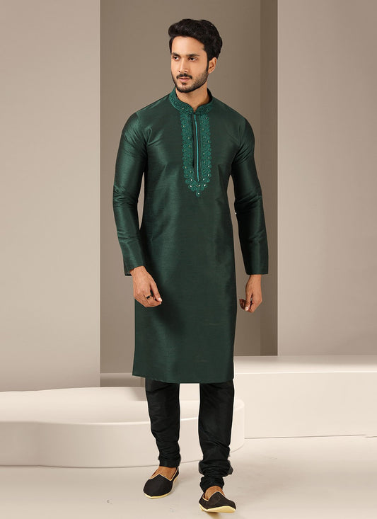 Embroidered Banarasi Silk Green Kurta Pyjama - M3227