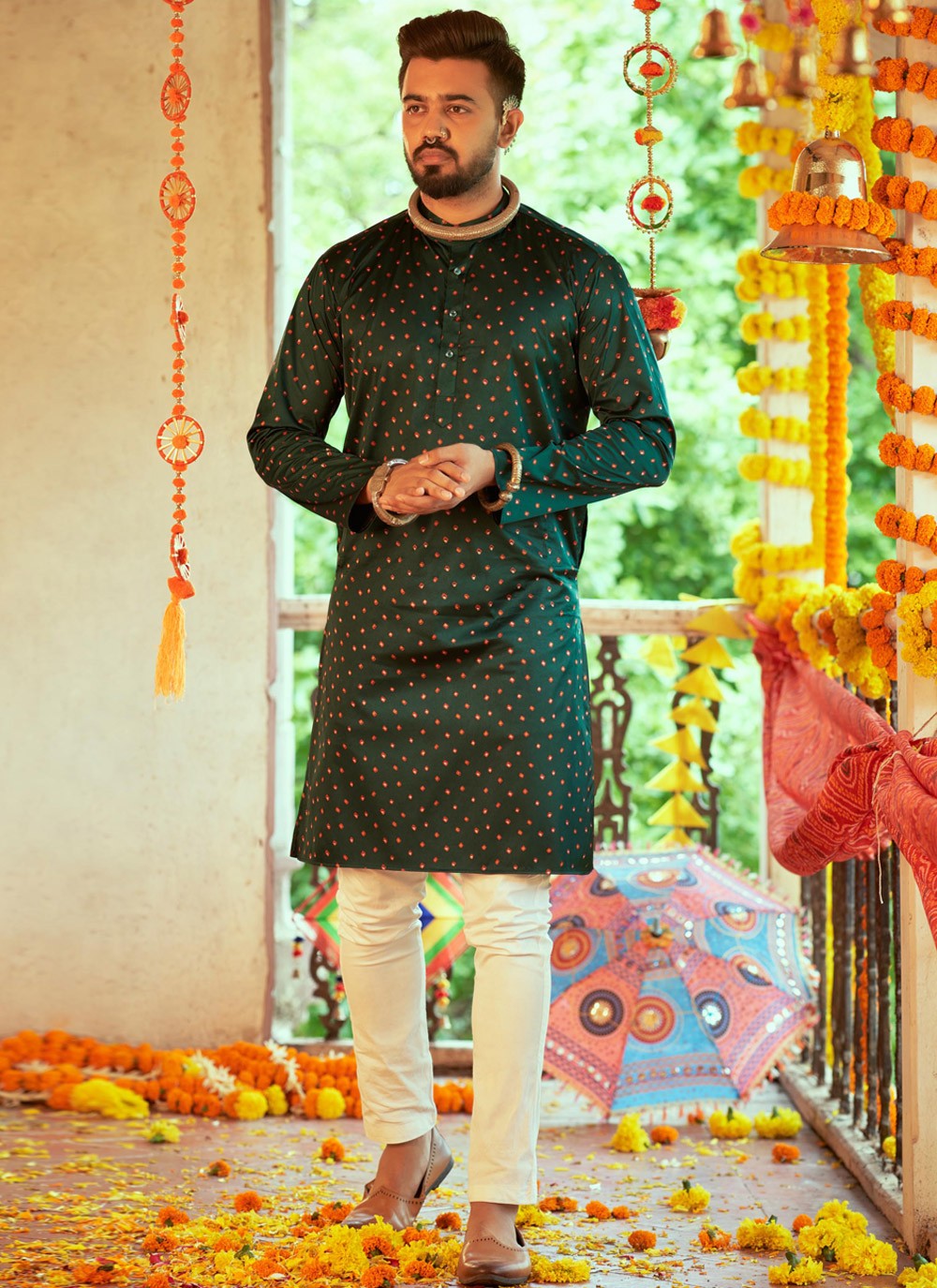 Embroidered Art Silk Green Kurta Pyjama - M3850