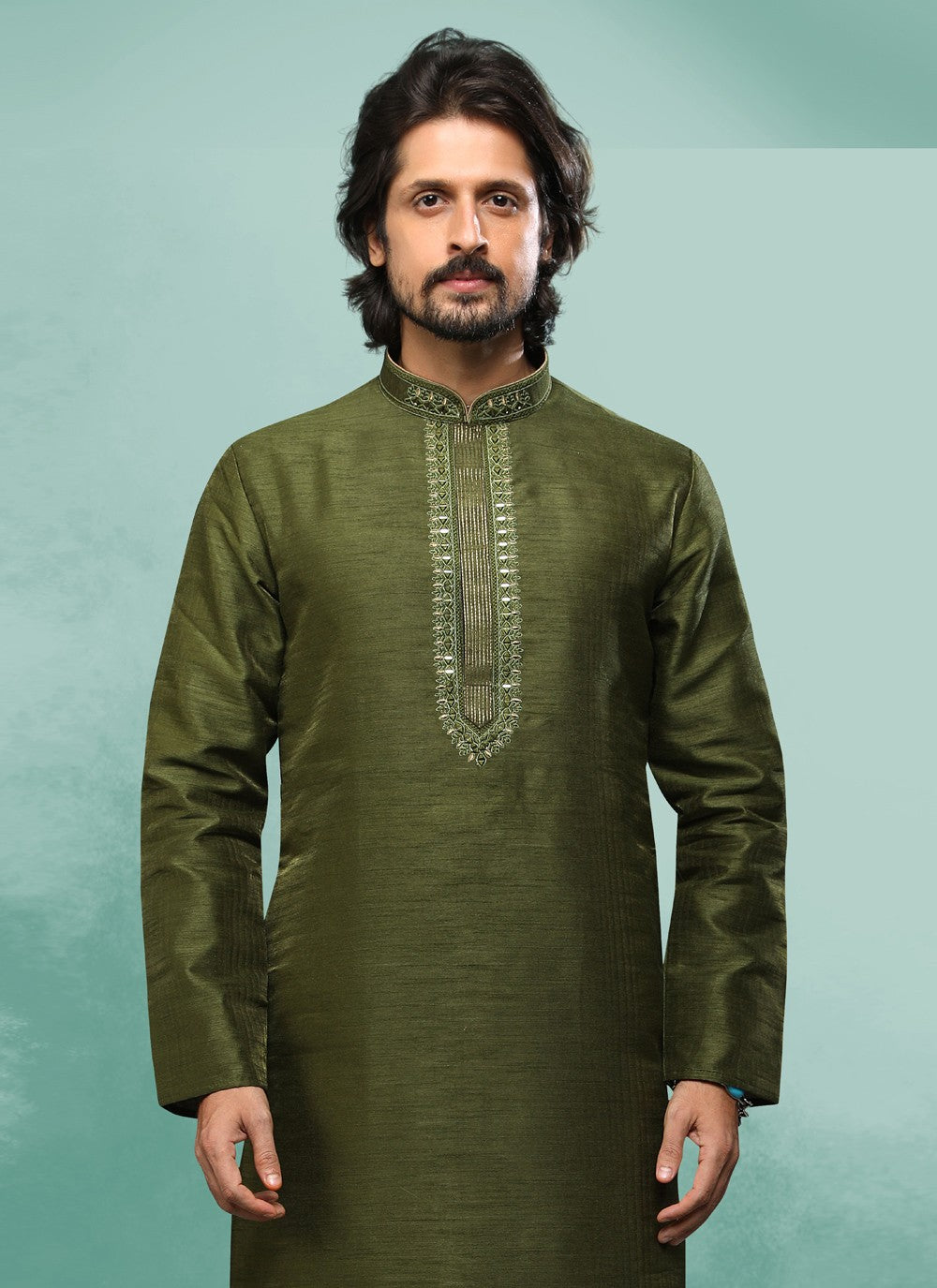 Embroidered Art Silk Green Kurta Pyjama - M4364