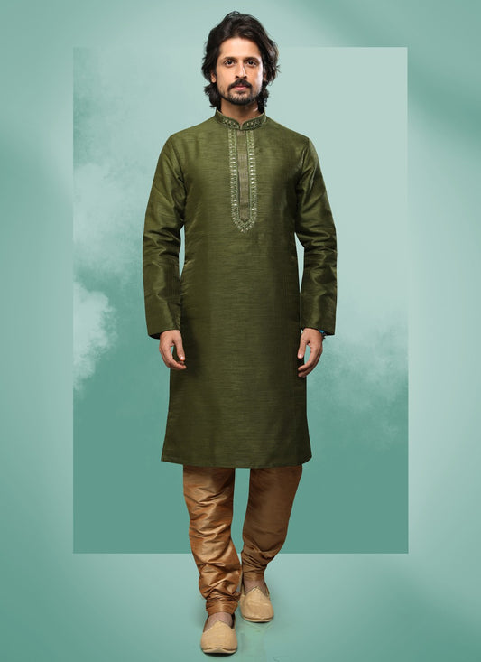 Embroidered Art Silk Green Kurta Pyjama - M4364