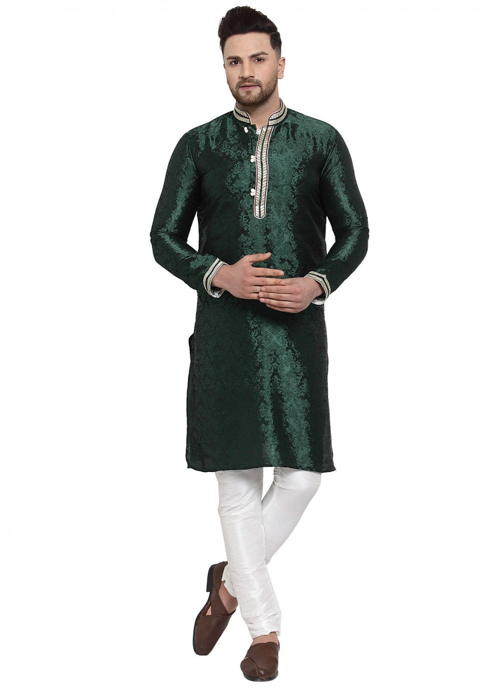 Embroidered Banarasi Silk Green Kurta Pyjama - M1620