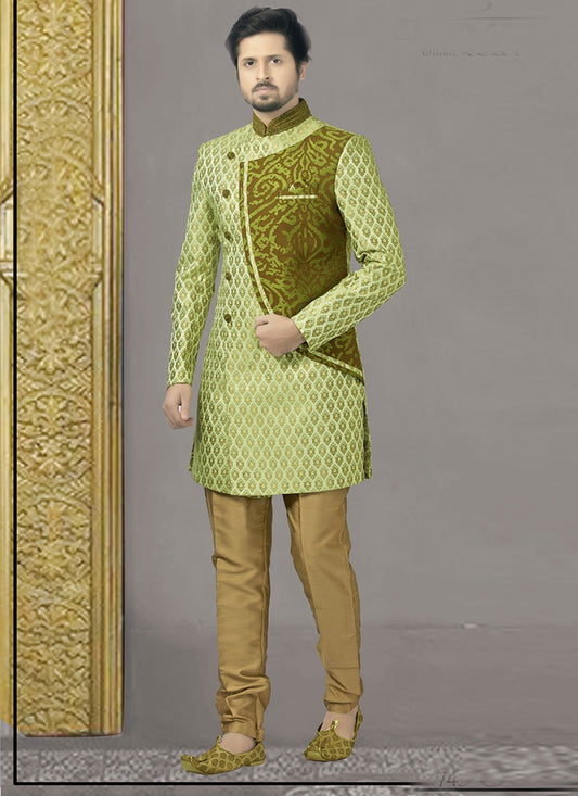 Embroidered Brocade Green Indo Western - M1160