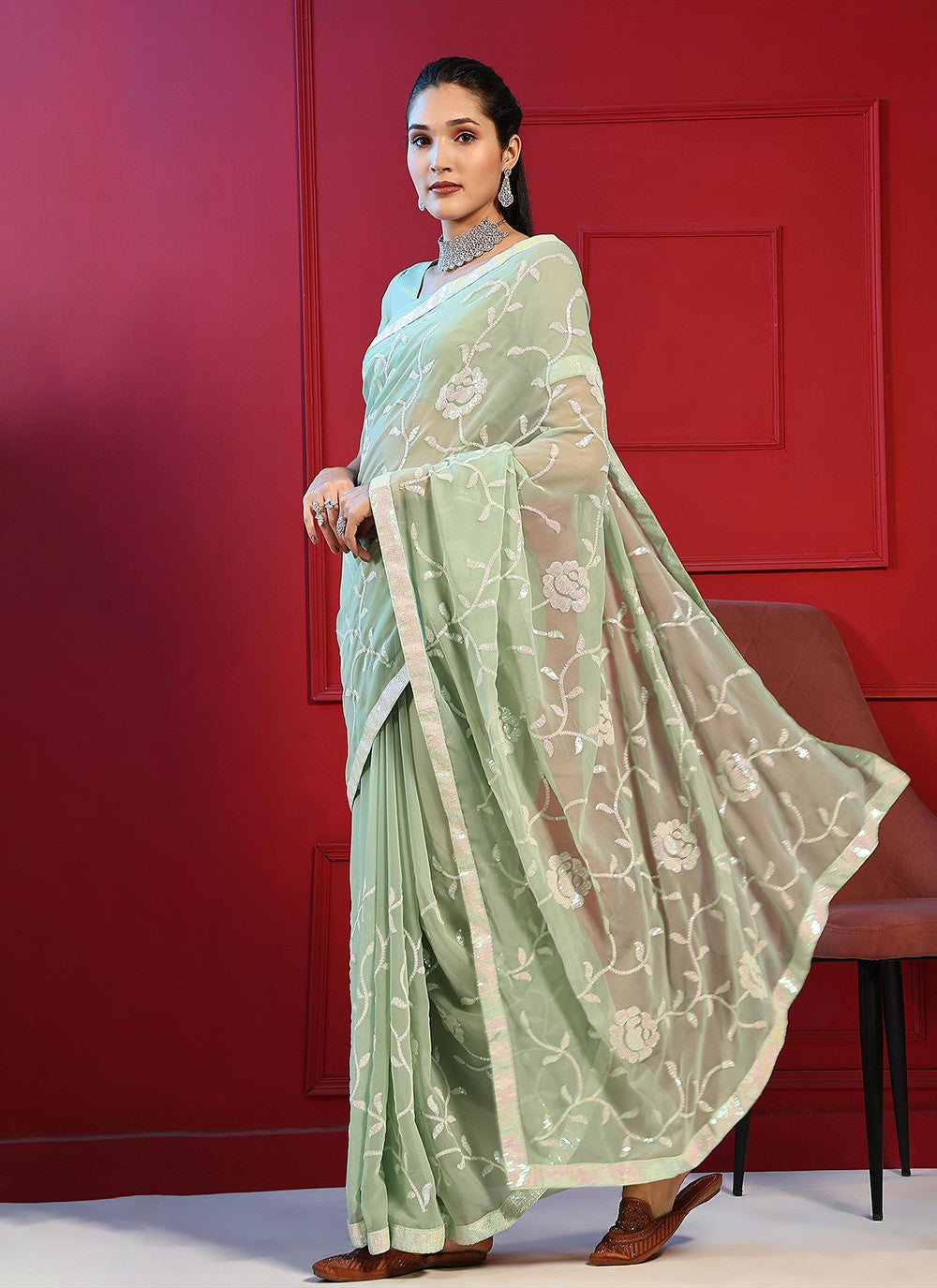 Traditional Embroidered Georgette Saree - S7006