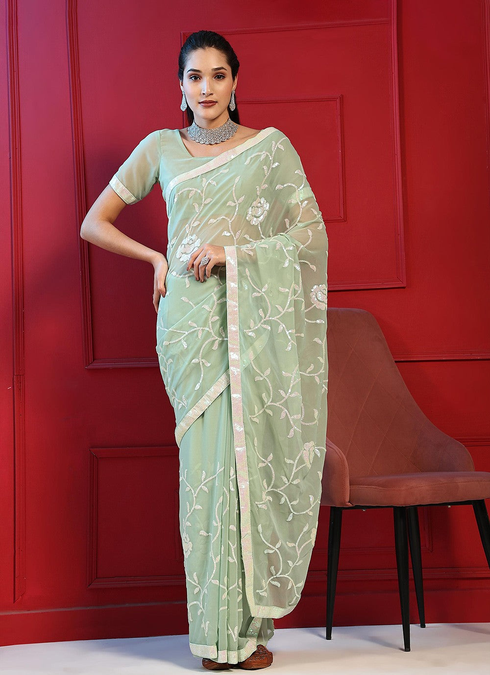 Traditional Embroidered Georgette Saree - S7006