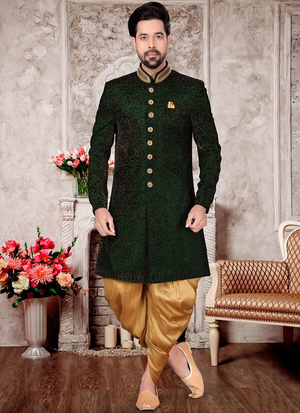 Embroidered Velvet Green Indo Western Sherwani - M2991