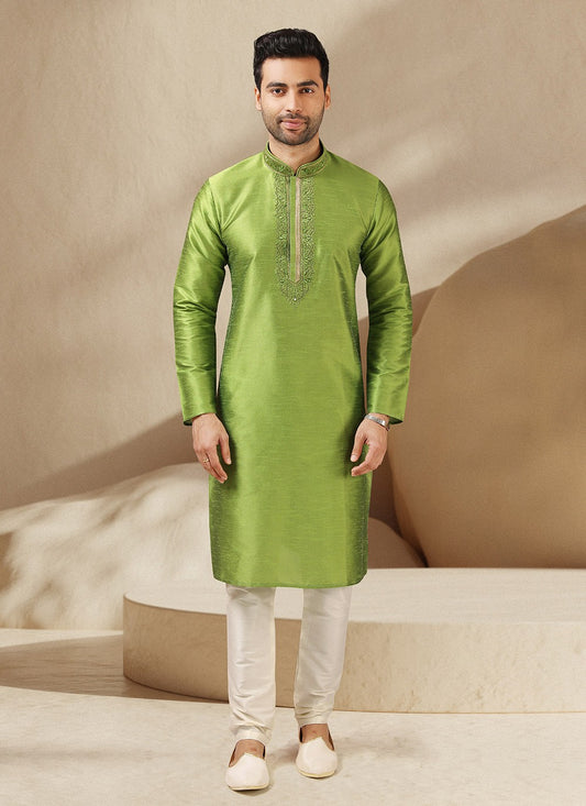 Embroidered Banarasi Silk Green Kurta Pyjama - M3232