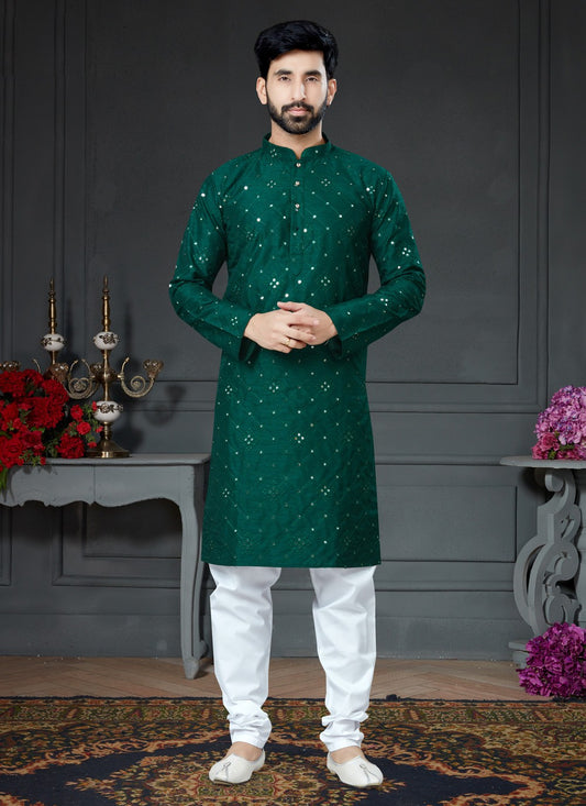 Embroidered Art Silk Cotton Green Kurta Pyjama - M4145