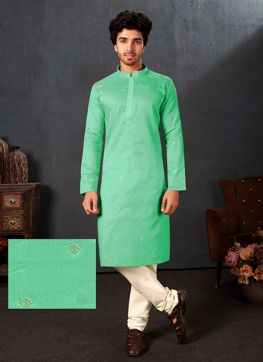 Embroidered Cotton Green Kurta Pyjama - M6847