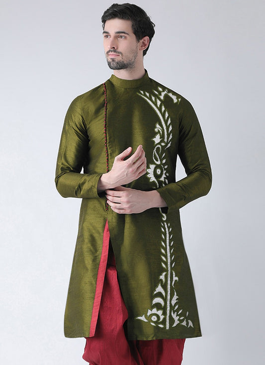 Embroidered Dupion Silk Green Angrakha - M7318