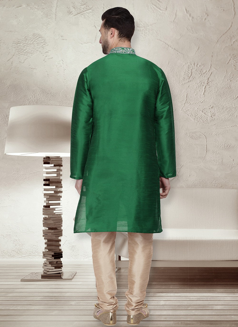 Embroidered Dupion Silk Green Kurta Pyjama - M6562