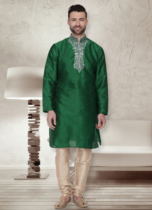 Embroidered Dupion Silk Green Kurta Pyjama - M6562