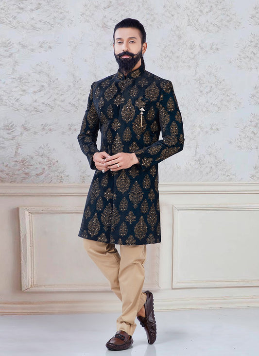 Embroidered Velvet Green Indo Western - M3126