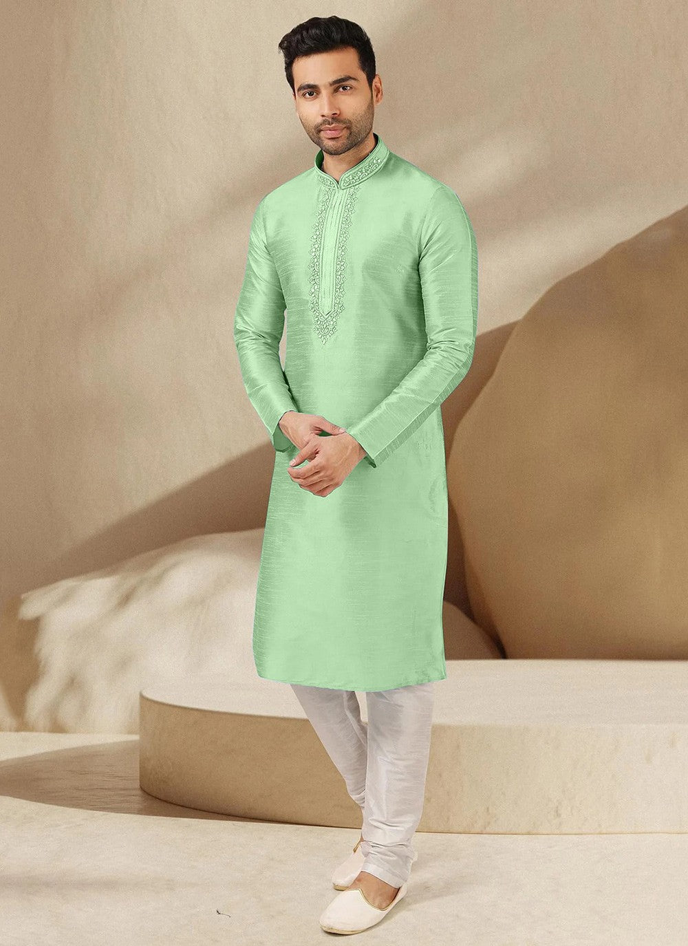 Embroidered Dupion Silk Green Kurta Pyjama - M6553