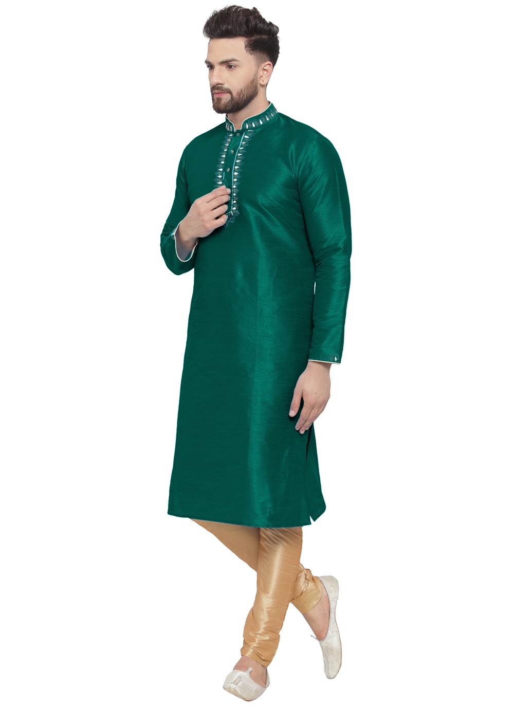 Embroidered Dupion Silk Green Kurta Pyjama - M7312