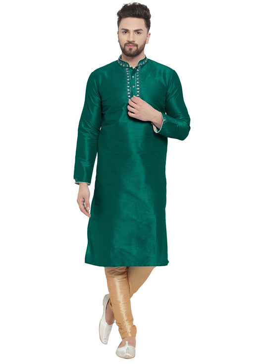 Embroidered Dupion Silk Green Kurta Pyjama - M7312