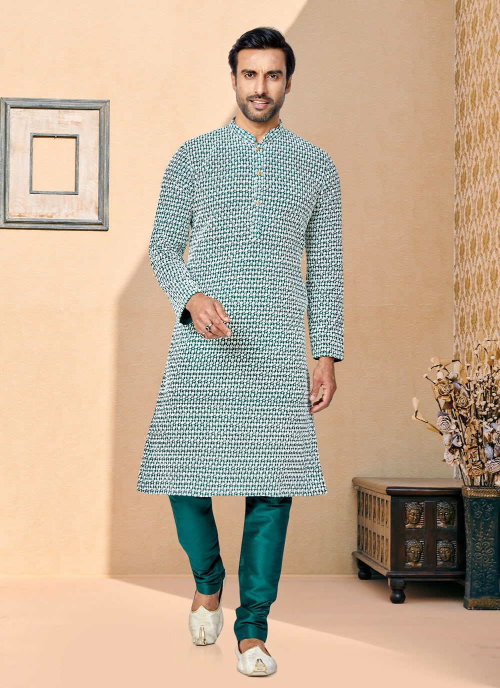 Embroidered Georgette Green Kurta Pyjama - M4988