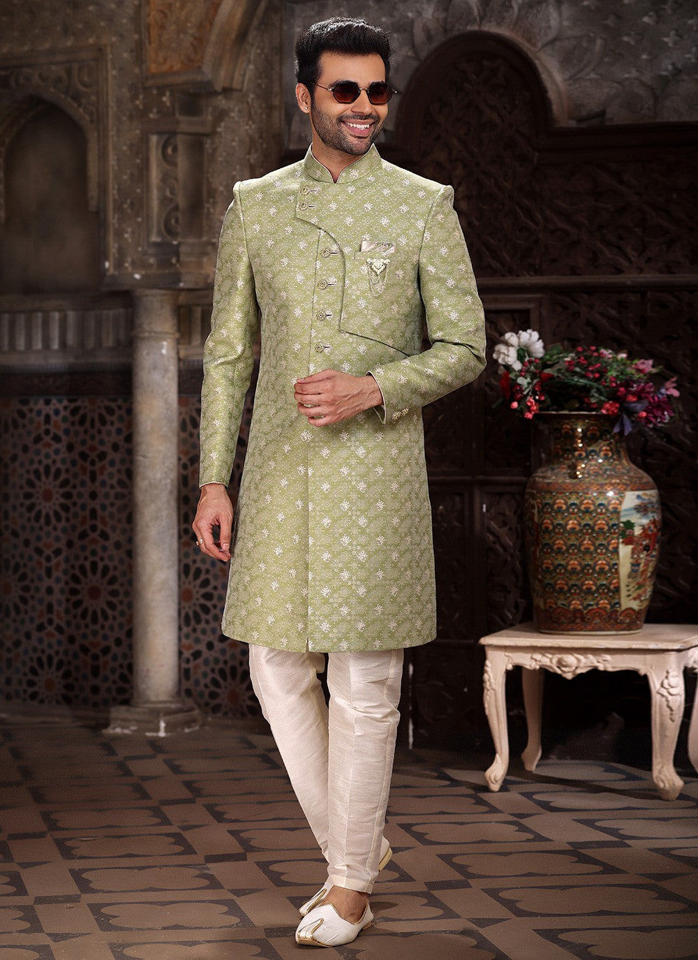 Embroidered Banarasi Jacquard Green Indo Western - M5256